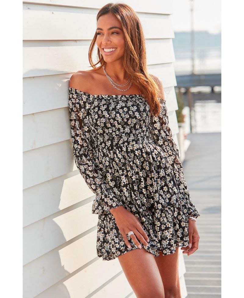 Women's Floral Print Off Shoulder Lace Ruffle-Trim Short Dress
