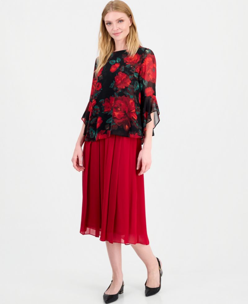 Women's Ruffle 3/4-Sleeve Boat Neck Floral Blouse