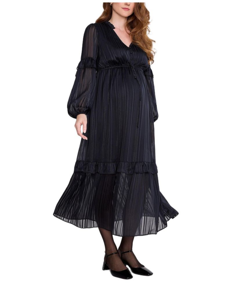 Women's Motherhood V-Neck Long Sleeve Tiered Maxi Dress