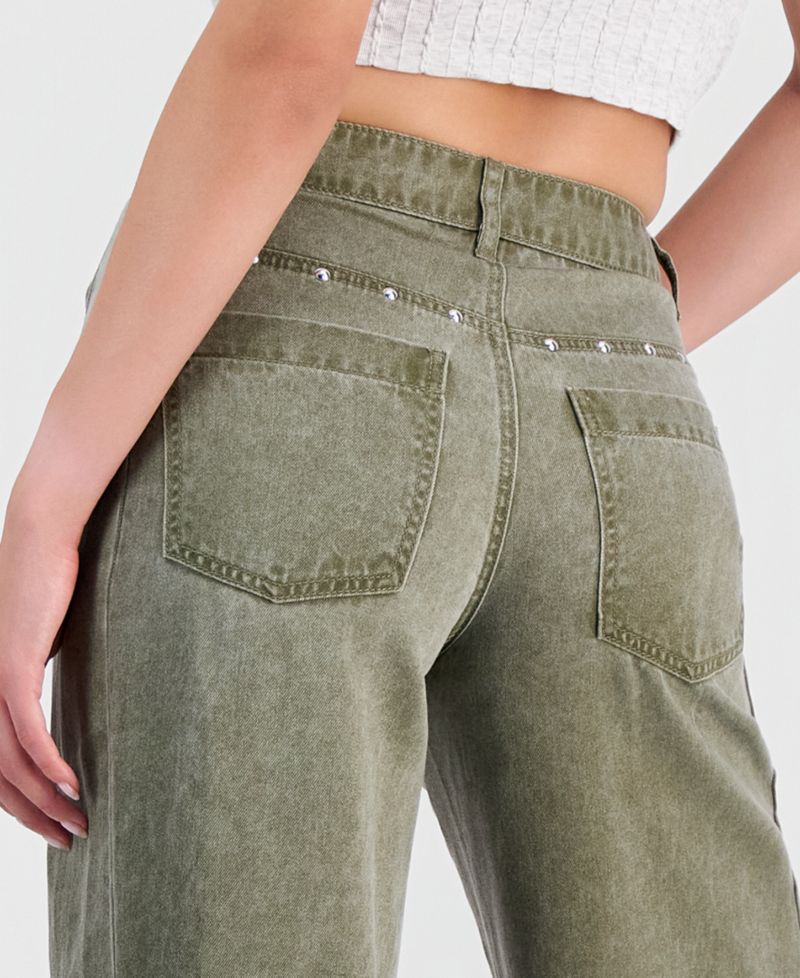 Juniors' High-Waisted Wide-Leg Studded Jeans