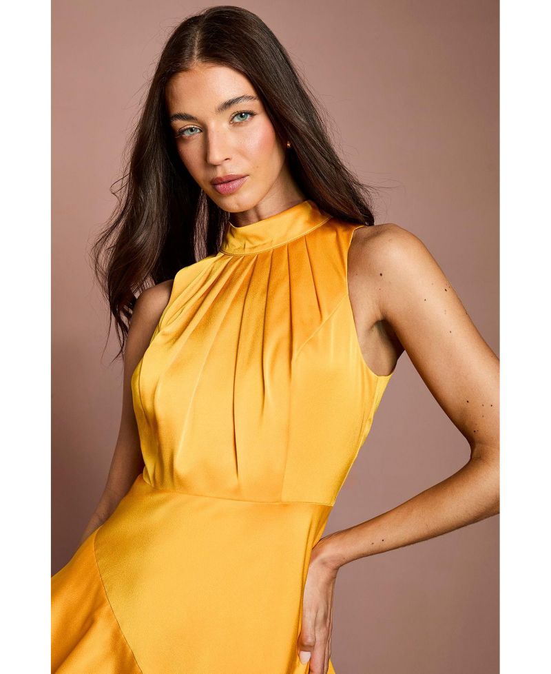 Women's Satin Crepe High-Neck Pleated Maxi Dress