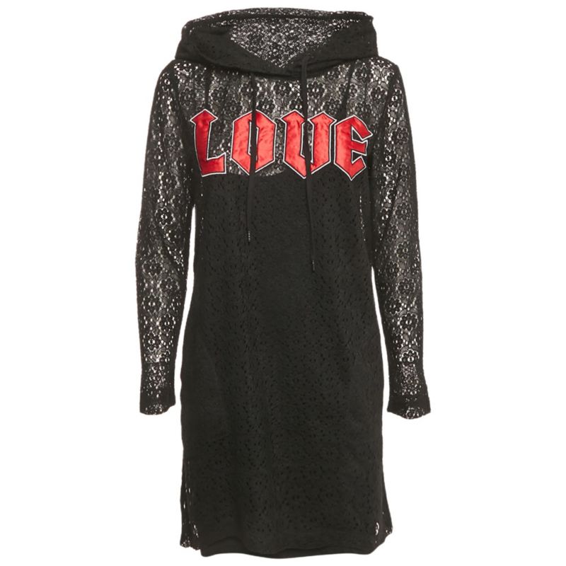 Women's Pre-Owned Love Mocshino Black Love Applique Mesh Hooded Dress