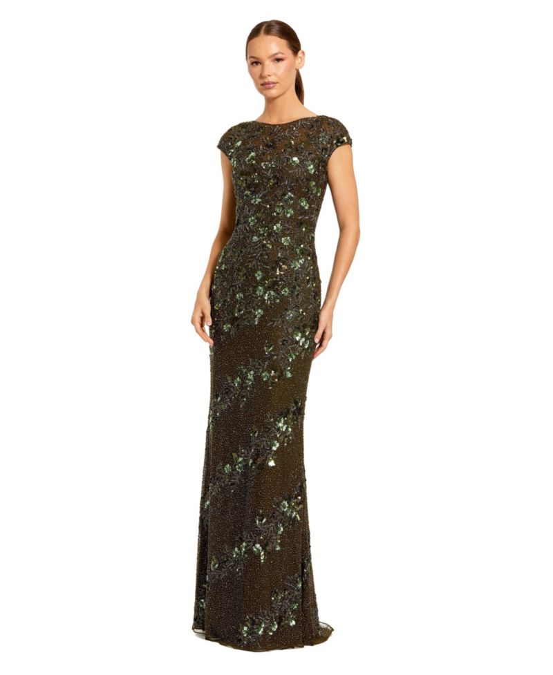 Women's Floral Embellished Cap Sleeve Sheath Gown