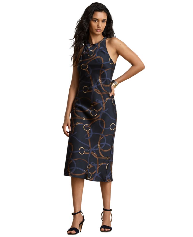 Petite Belting Print Sleeveless Crewneck Dress