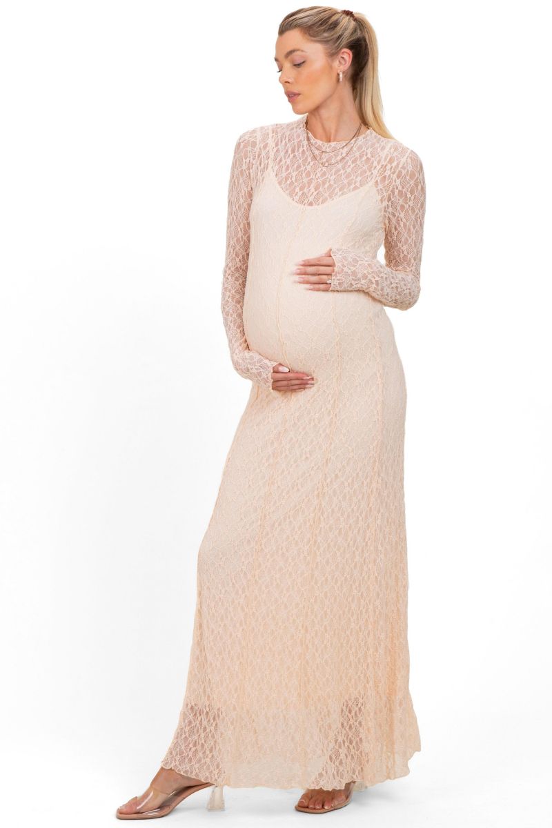 Women's Beige Lace Mock Neck Long Sleeve Maxi Dress