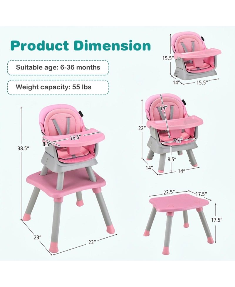 Toddler 6 in 1 Convertible High Chair with Adjustable Removable Tray and Booster