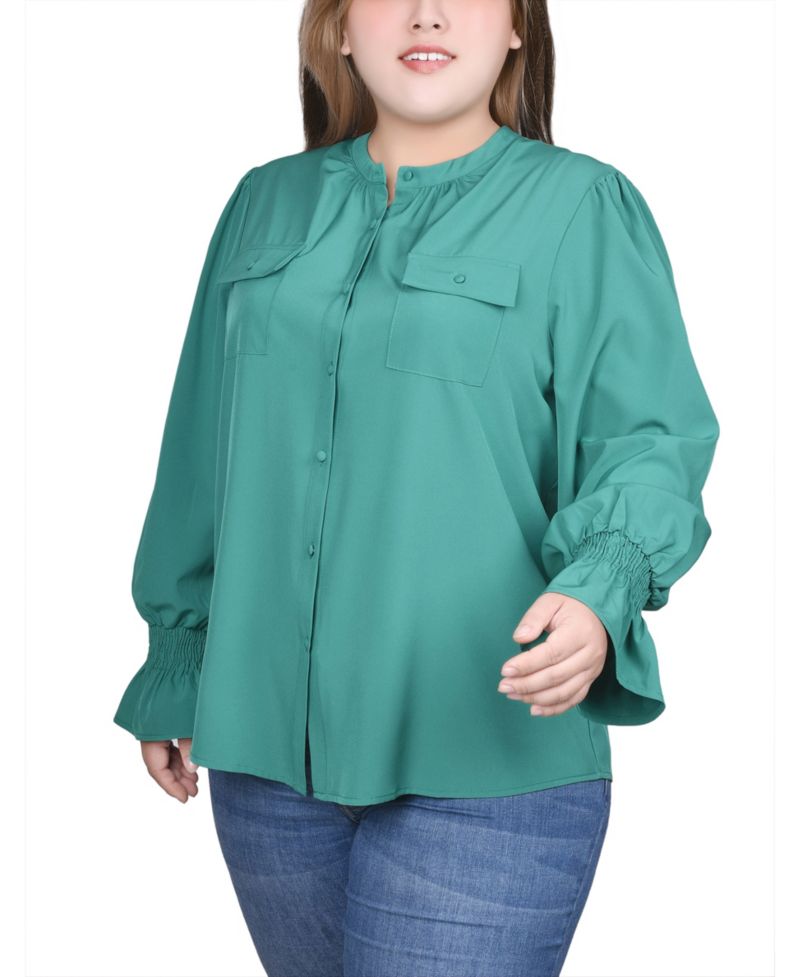 Plus Size Long Sleeve Mandarin Collar Blouse