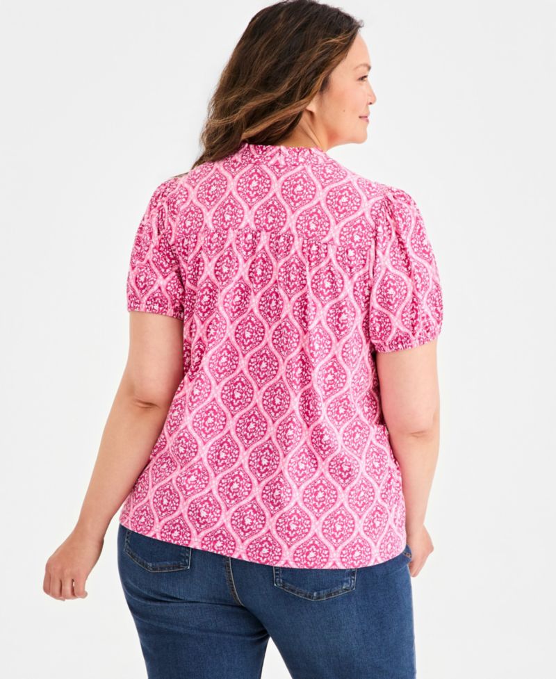 Petite Printed Puff-Sleeve Button-Front Top