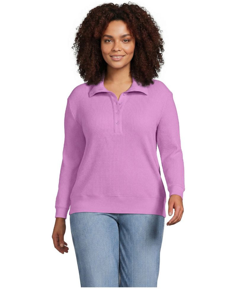 Plus Size Long-Sleeve Waffle-Knit Button-Up Henley