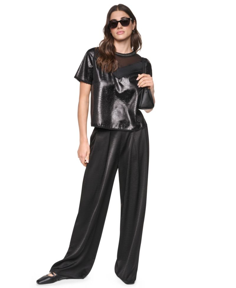 Women's Chain Neck Short-Sleeve Mixed Media Top