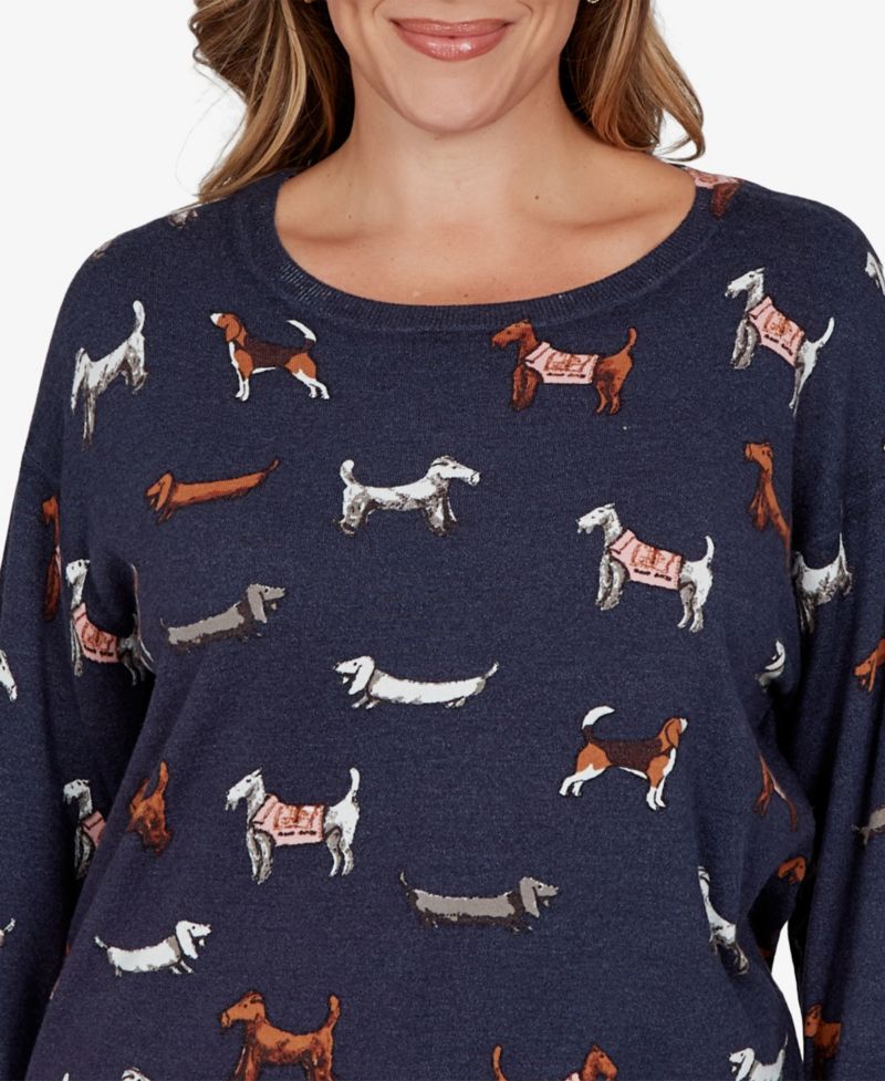 Plus Size Ballet Neckline Allover Dog Print Long-Sleeve Sweater