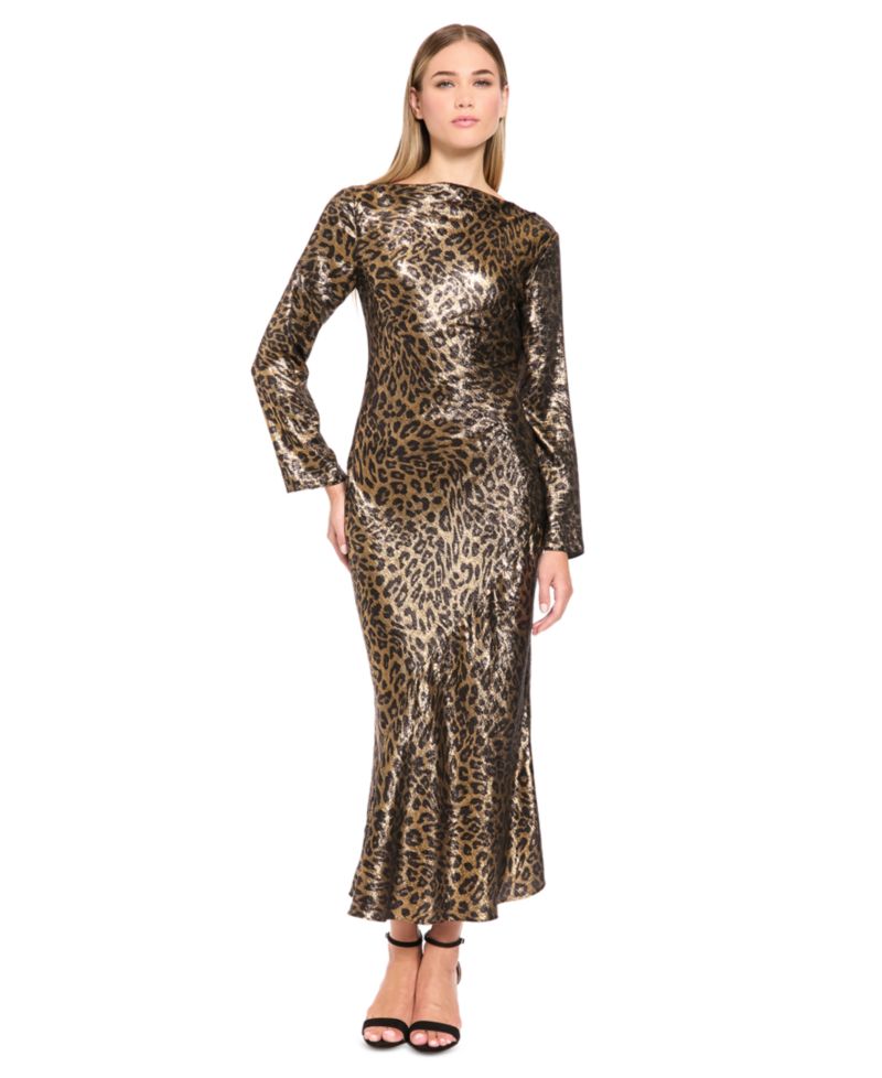 Women's Animal-Print Long-Sleeve Boat-Neck Midi Dress