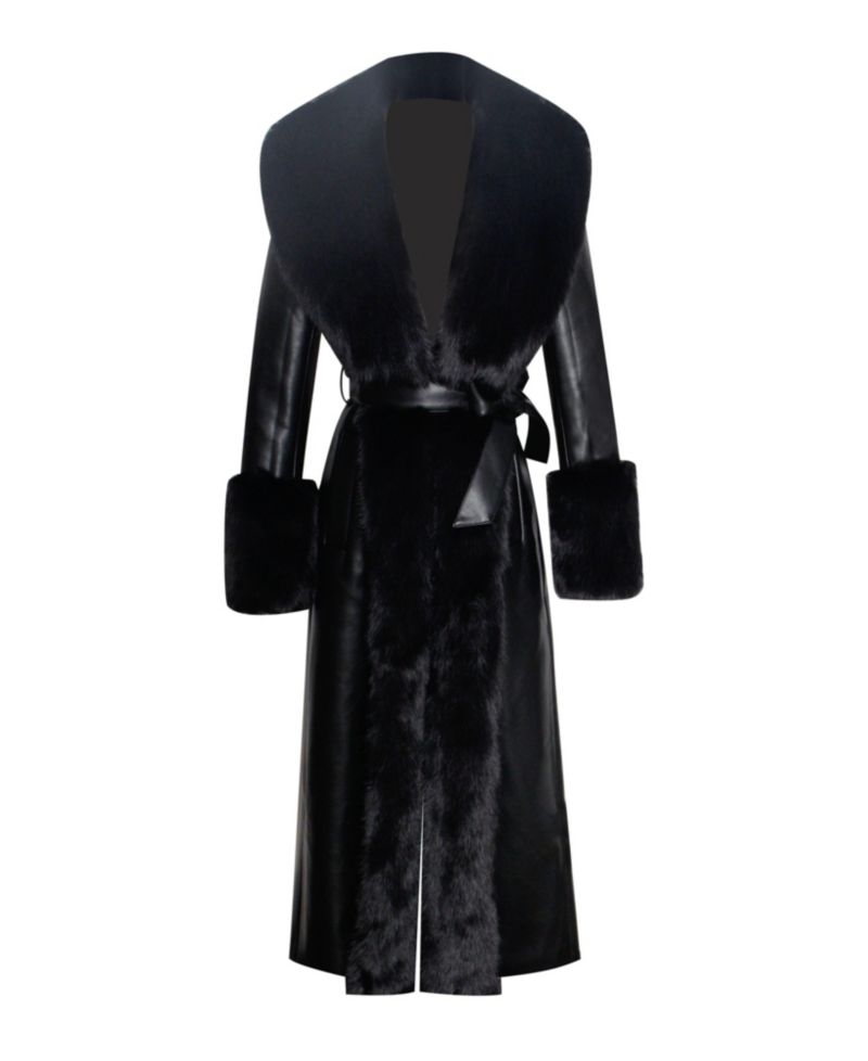 Women Zaida Black Faux Fur Trim Black Faux Leather Coat
