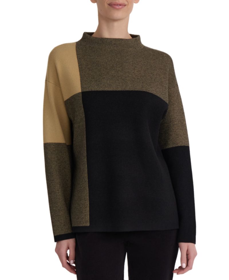 Women's Mock Neck Jacquard Colorblock Sweater