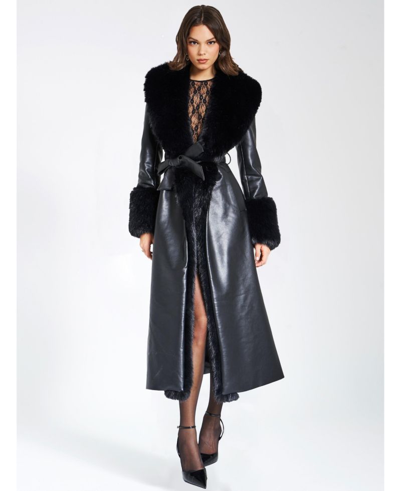 Women Zaida Black Faux Fur Trim Black Faux Leather Coat
