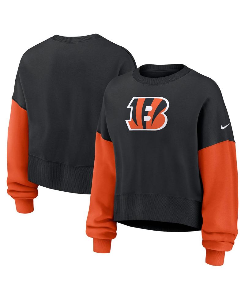 Women's Black Cincinnati Bengals Oversized Color-Block Pullover Sweatshirt