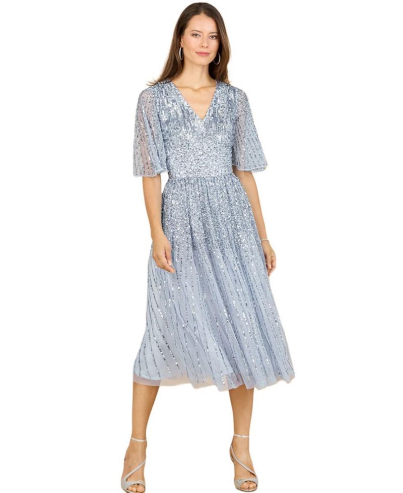 Women's Flowing, Sequin Midi Dress with Short Sleeves