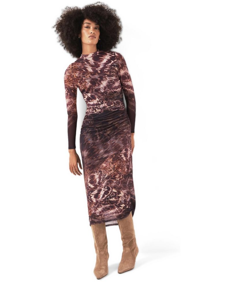 Women's Abstract-Print Long-Sleeve A-Line Midi Dress