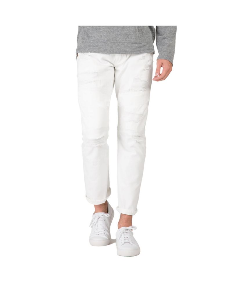 Men's Slim Straight Distressed Mended Premium Cargo White Jeans