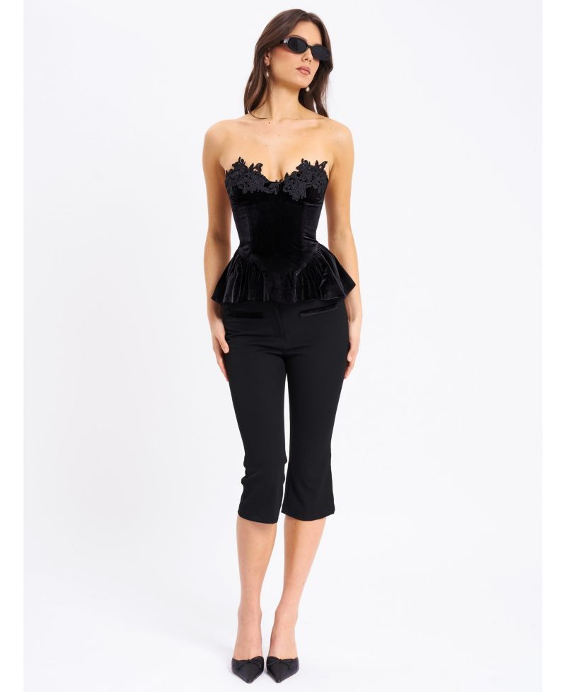Women's Qiara Black Velvet Peplum Top with Lace Trim