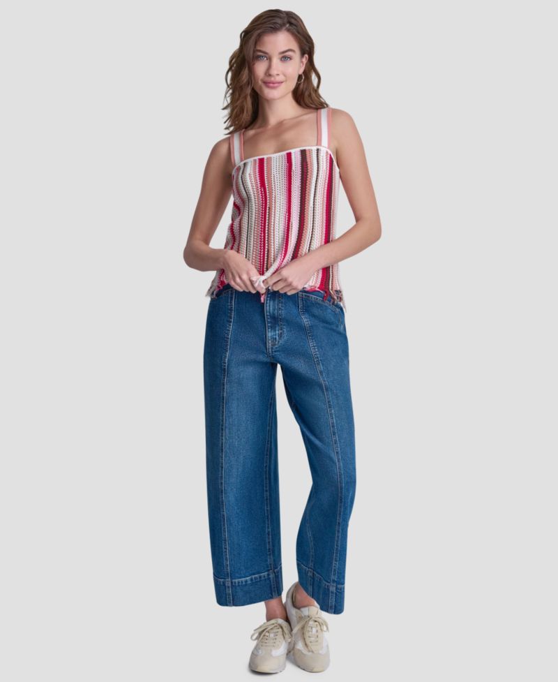 Petite Pointelle Stitch Striped Sleeveless Bandeau Tank Top