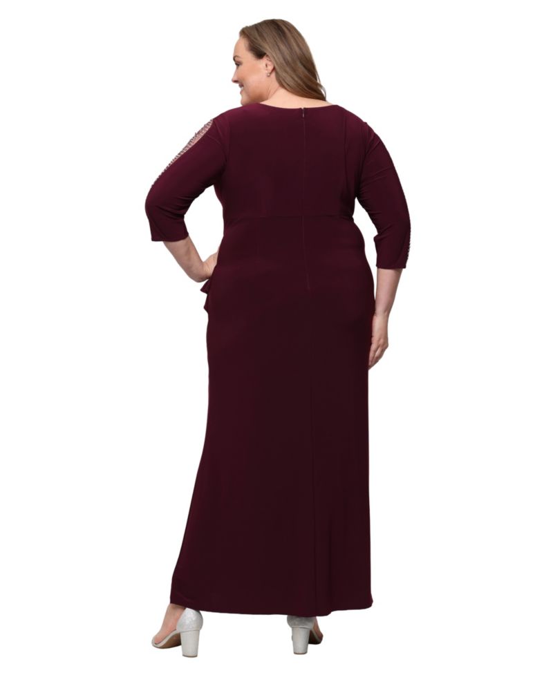 Plus Size V-Neck Long-Sleeve Embellished Gown