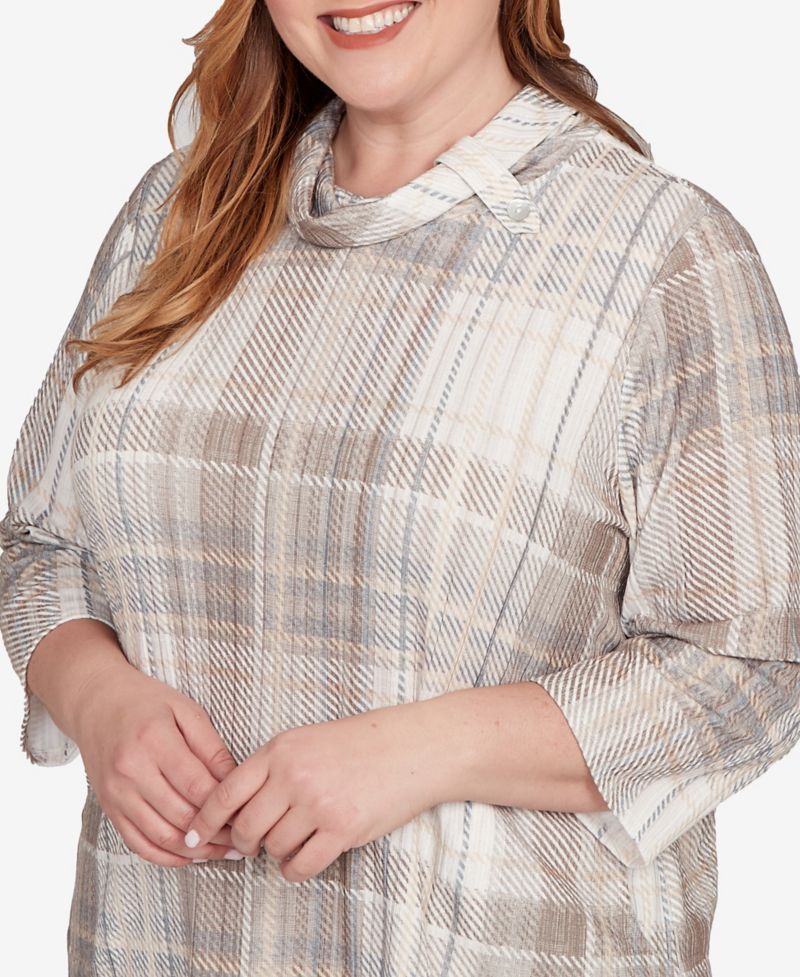 Plus Size Vienna Draped Cowl Neckline Plaid Knit Top
