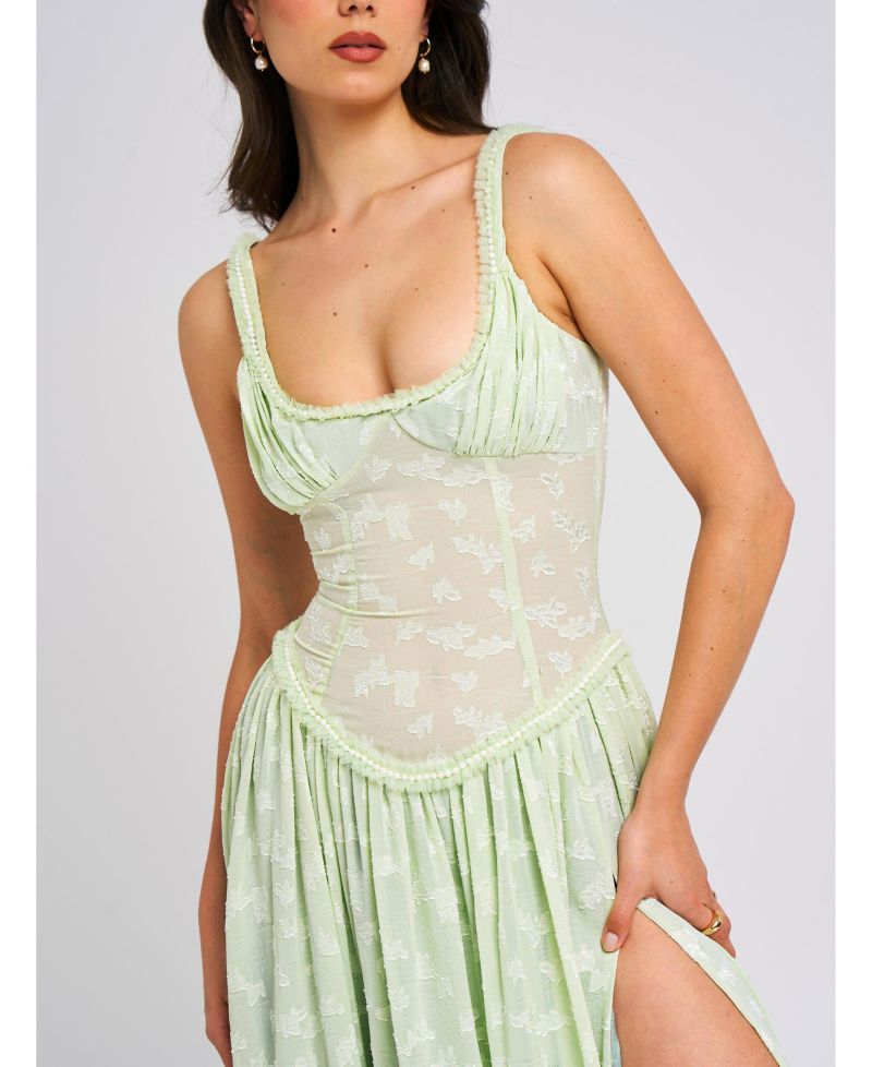Women's Ulissa Light Green Square Neck Jacquard Textured High Slit Maxi Dress