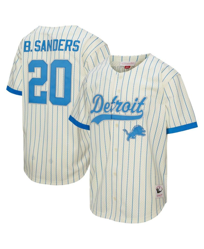 Men's Barry Sanders Cream Detroit Lions Name & Number Mesh Button-Up Baseball Jersey