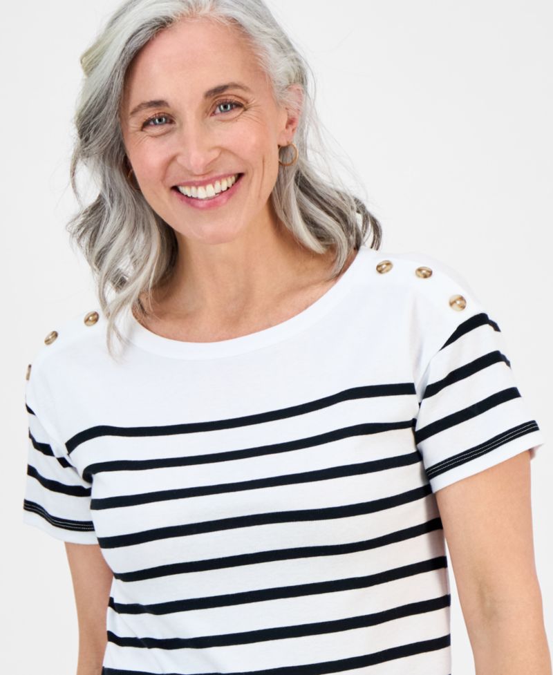 Petite Cotton Button-Shoulder Tee