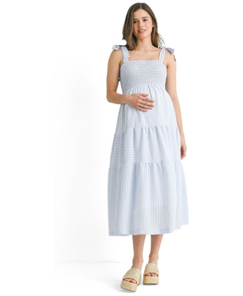 Women's Striped Smocked Empire Waist Sundress with Tie Straps