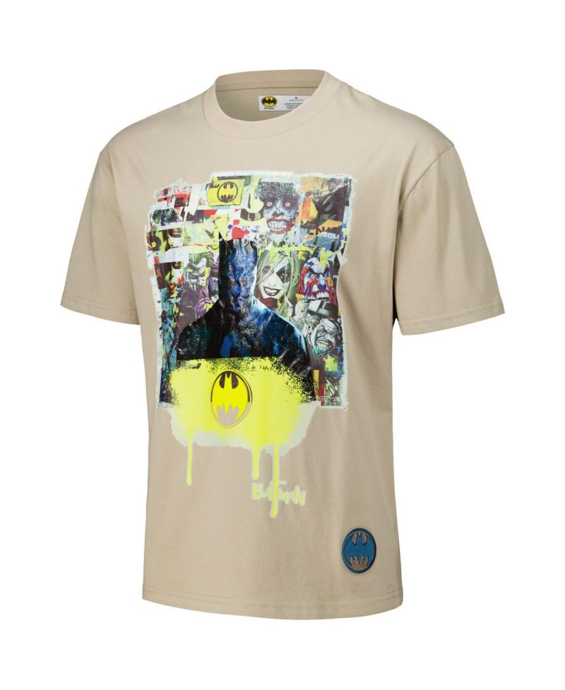Men's Tan Batman Comics Spray Paint Loose Fit T-Shirt