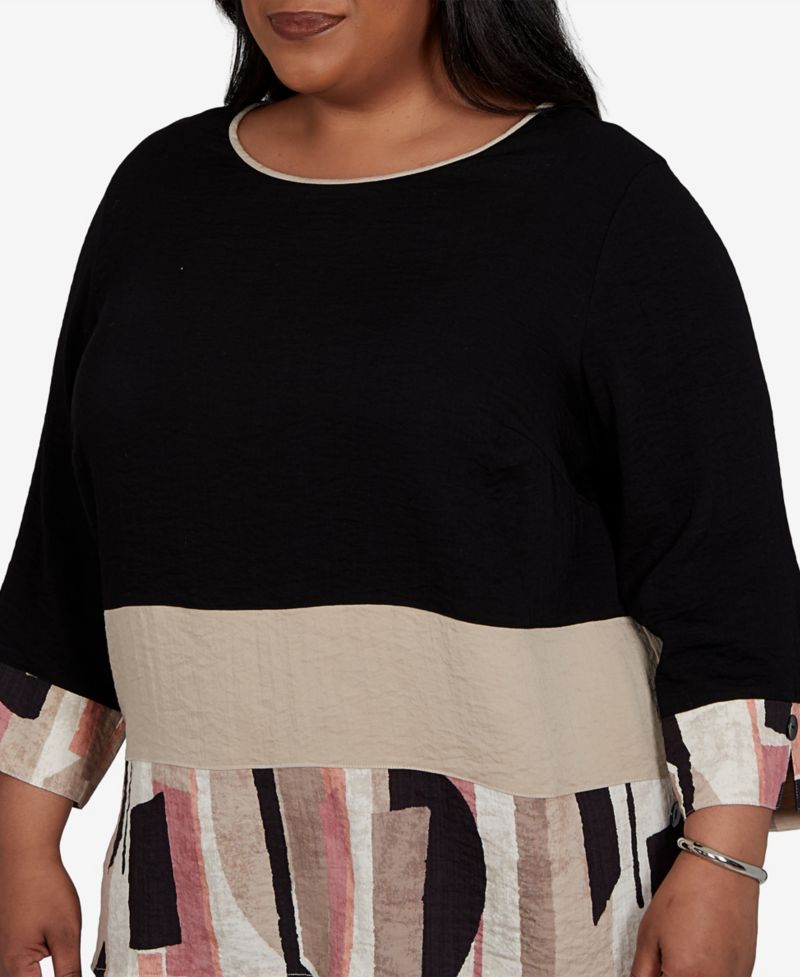 Plus Size Travel Advisory Spliced Patchwork 3/4-Sleeve Blouse