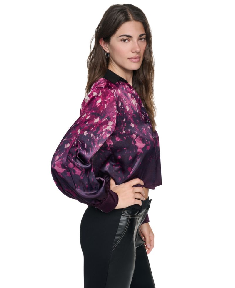 Women's Long-Sleeve Button-Down Faux Leather Collar Blouse