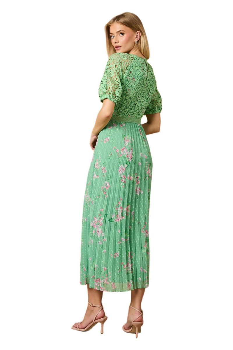 Women's Floral Lace Bodice Pleated Midi Dress