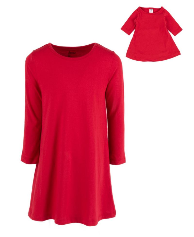 Little Girls 6-14 Matching Doll Long Sleeve Cotton Crew Neck A-Line Dress