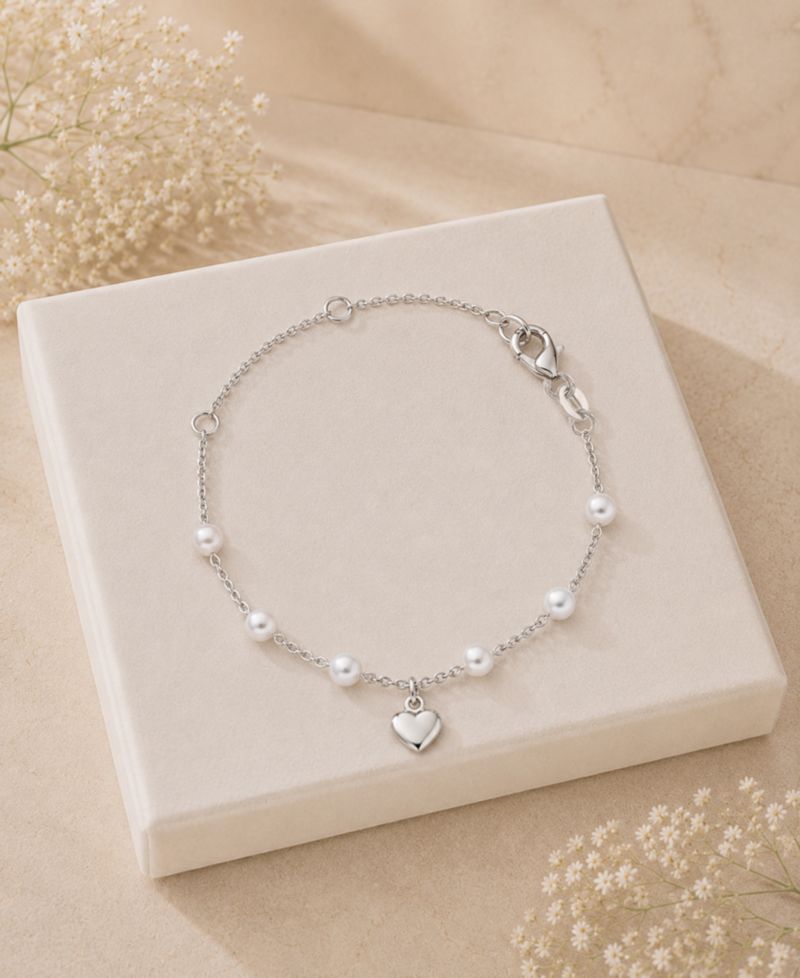 Rhodium Over Sterling Silver Cultured Pearl Station Bracelet