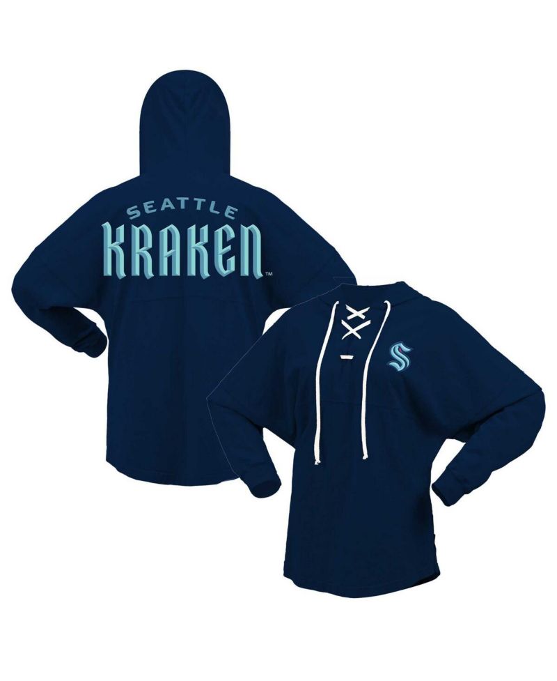 Women's Deep Sea Blue Seattle Kraken Jersey Lace-Up V-Neck Long Sleeve Hoodie T-shirt