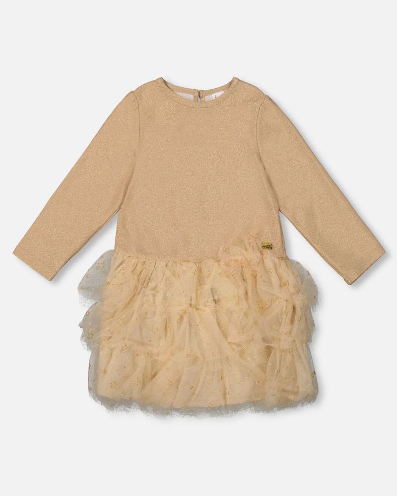 Girl Glittering Mesh Skirt Party Dress Beige - Child