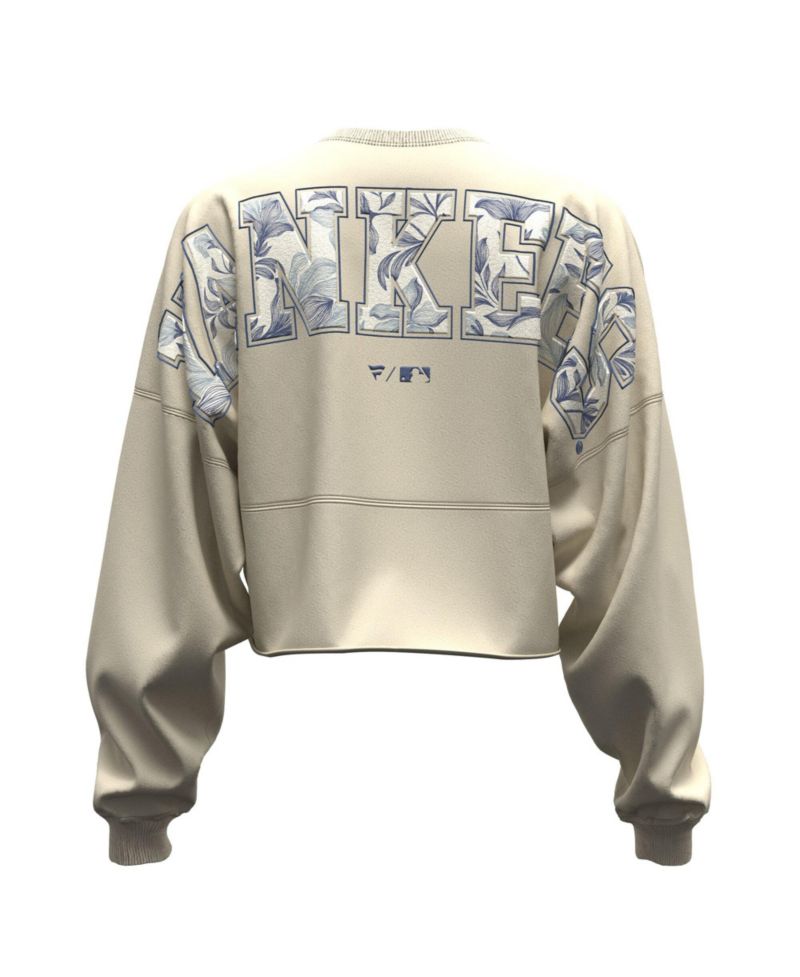 Women's Light Beige New York Yankees Spirit Floral Script Cropped Long-Sleeve T-Shirt
