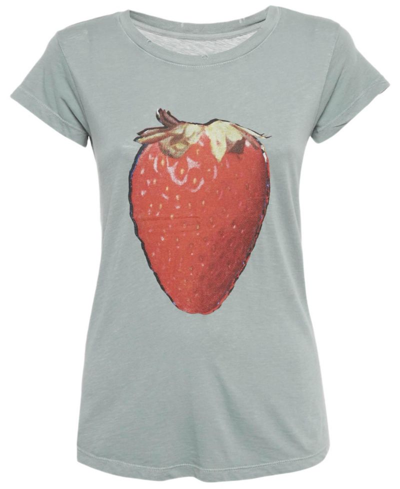Women's Green Strawberry Print Cotton Blend Distressed T-Shirt