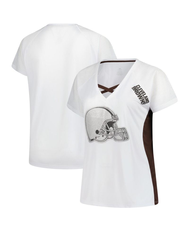 Women's White Cleveland Browns Plus Size Glitter Lace-Up V-Neck T-Shirt