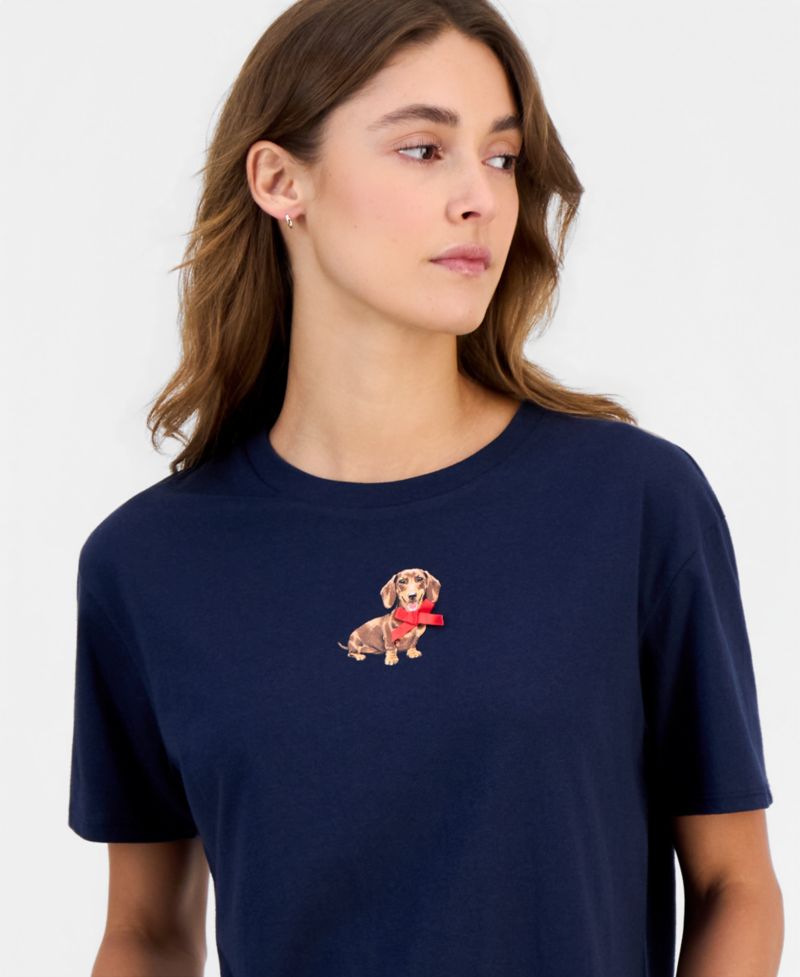 Juniors' Dachshund Bow Graphic Crop Tee