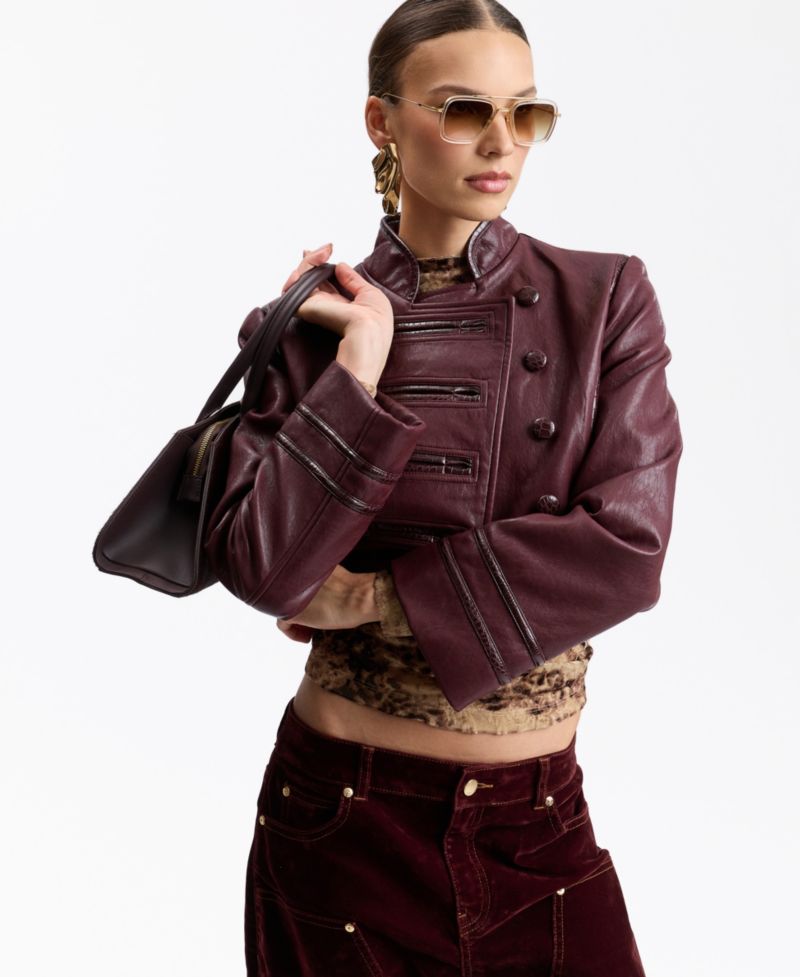 Women's Double-Breasted Military-Style Cropped Faux Leather Jacket