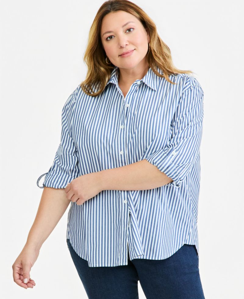 Petite Oversized Roll-Tab Button-Front Shirt