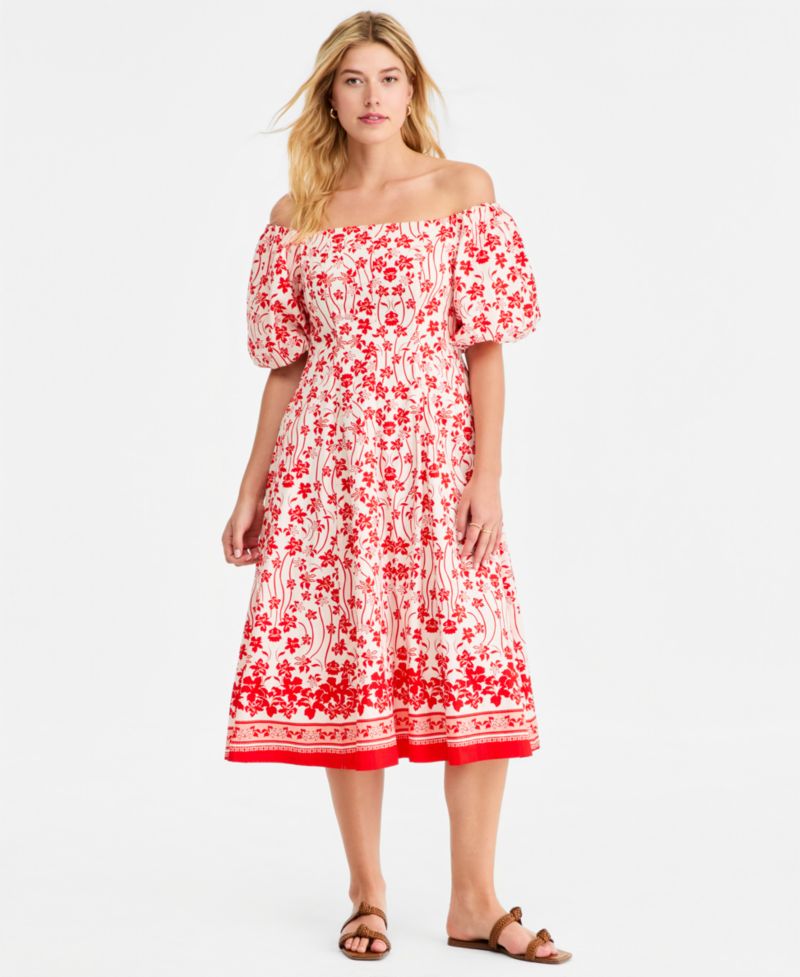 Women's Off-The-Shoulder Puff-Sleeve Midi Dress