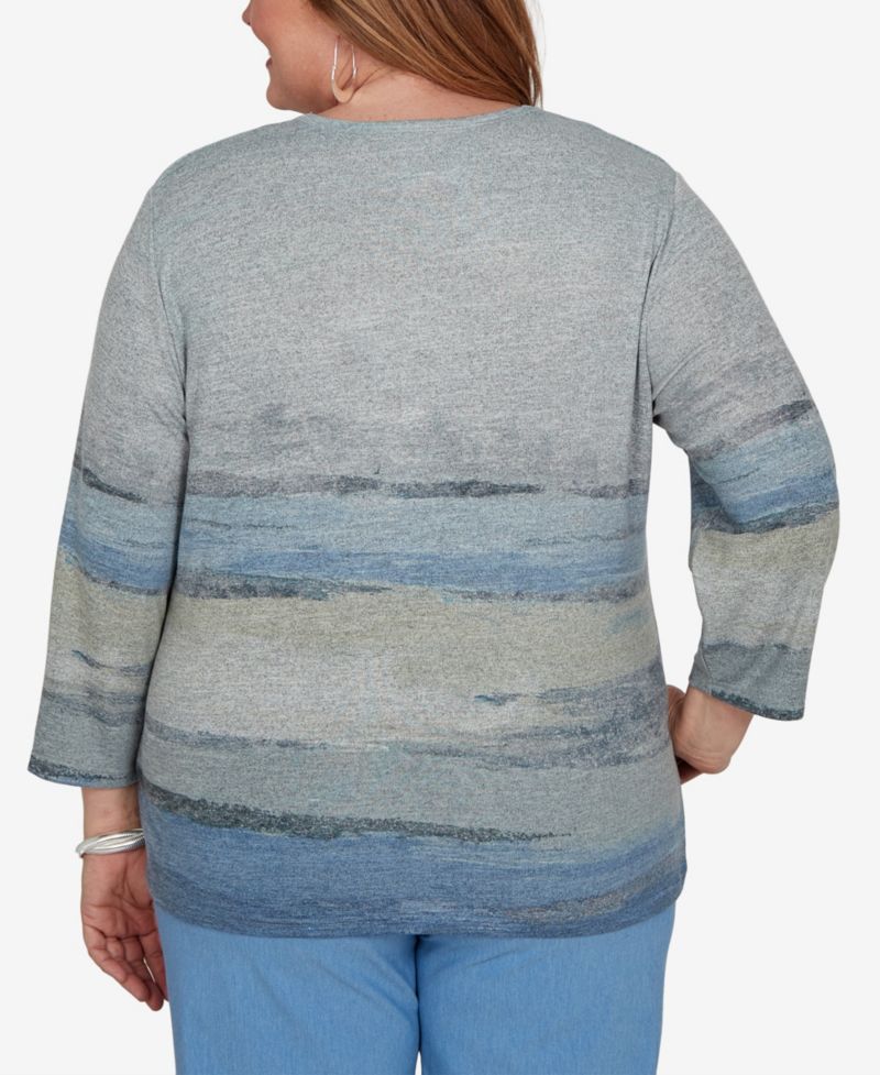 Plus Size Provence Painted-Floral 3/4-Sleeve Lace Blouse