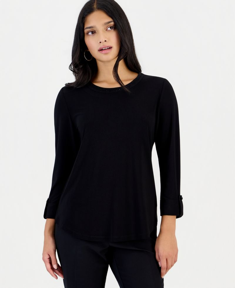 Petite 3/4 Sleeve Scoop Neck Heatset Stone Top