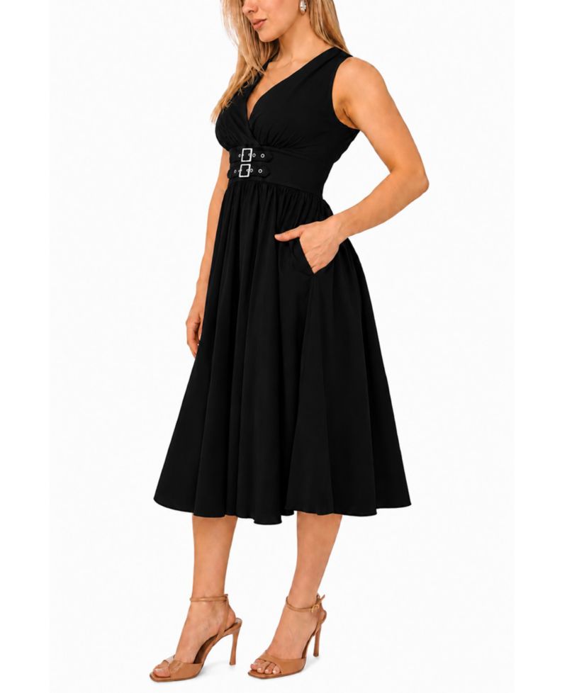 Petite Sleeveless Buckle-Waist Midi Dress