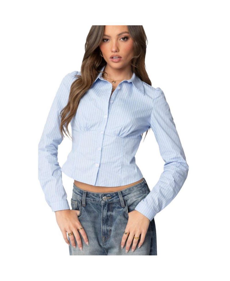 Women's Tailored Pinstripe Button Up Shirt